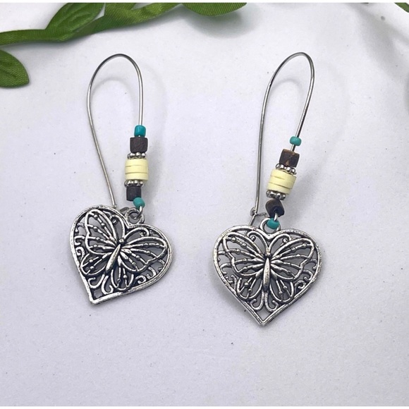 1 LEFT! Silver Beaded Butterfly Heart Drop Earrings - Picture 2 of 3